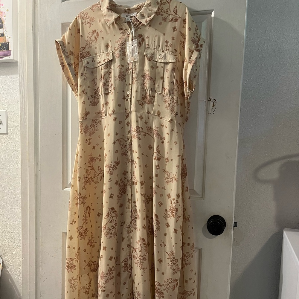 Lucky Brand Cream and Brown Floral Midi Dress
